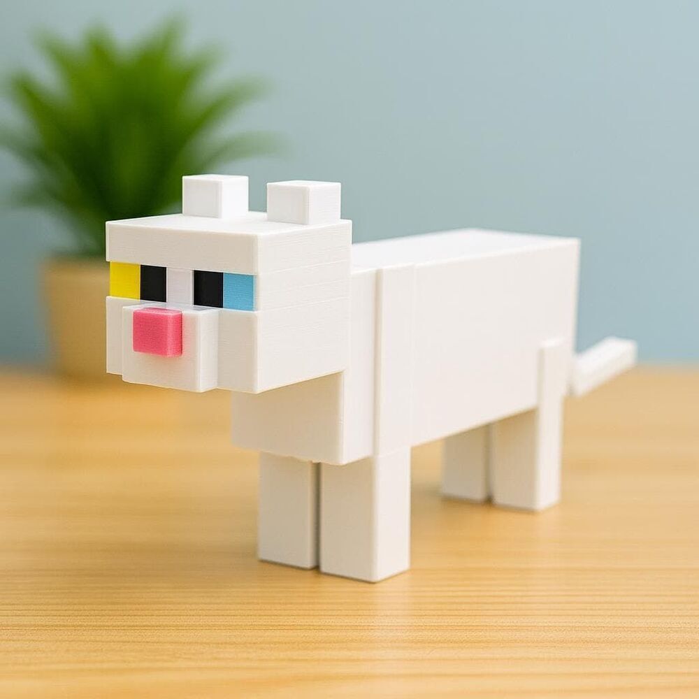 3D Printed Pixel Game White Cat – Pixel Cat Figure, Gamer Desk Toy & Room Decor